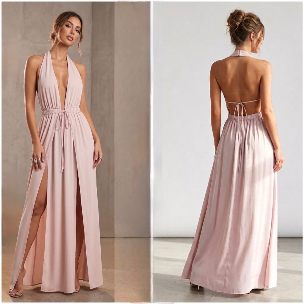 Assali Women's Blush Pink Maxi Dress Medium Halter Plunge Neck Double Slit Satin